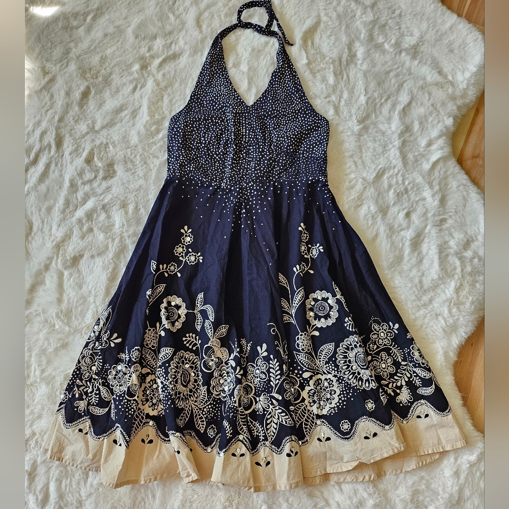 Limited Too Halter Black Cream Floral/Polka Dot Dress